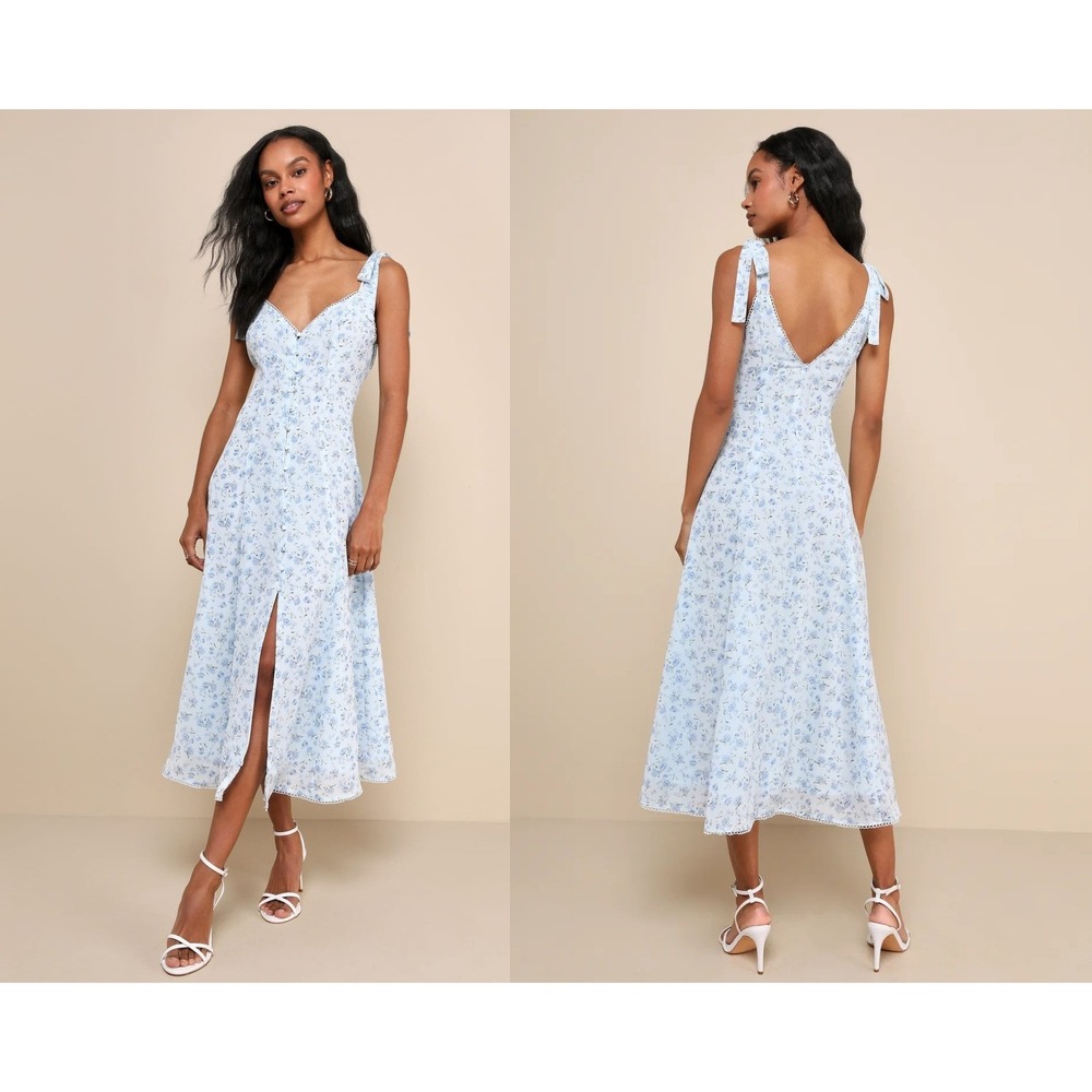 Lulus Charismatic Persona Light Blue Floral Tie-Strap Midi Dress Size XL